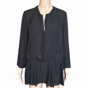 L'Agence Black Silk Blouse with Pleats and Peplum Hem Size L